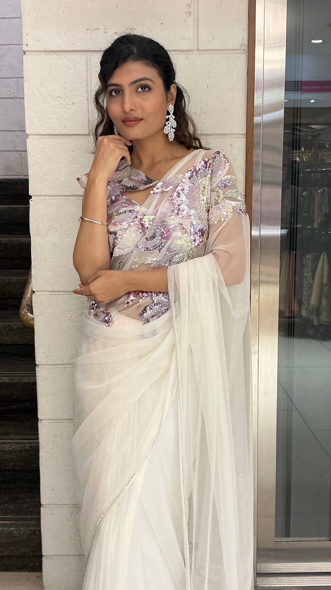 Ivory White Pastel Sequin Embroidered Designer Saree