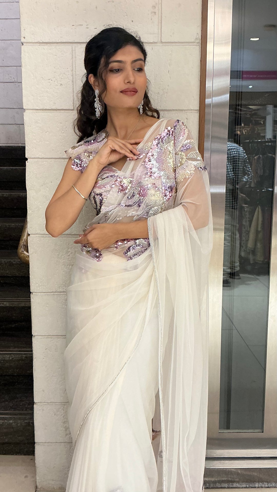 Ivory White Pastel Sequin Embroidered Designer Saree