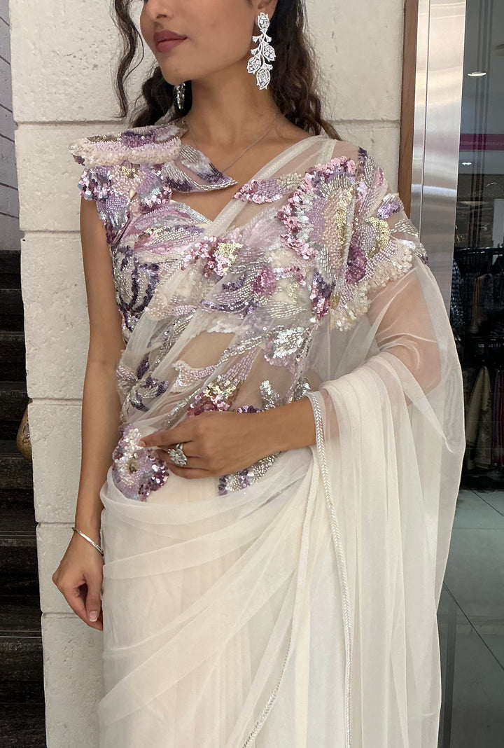 Ivory White Pastel Sequin Embroidered Designer Saree