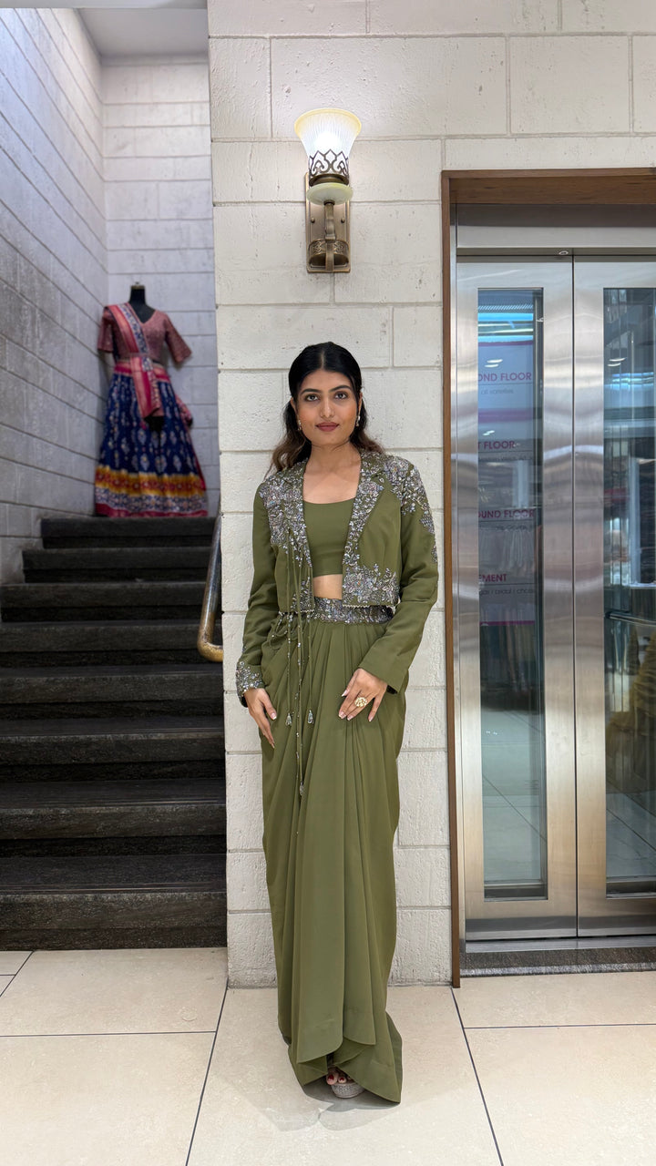 Olive Green Designer Draped Skirt Set with Embellished Jacket