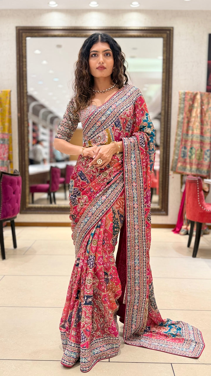 Pink Multicolor Printed Designer Saree with Matching Blouse