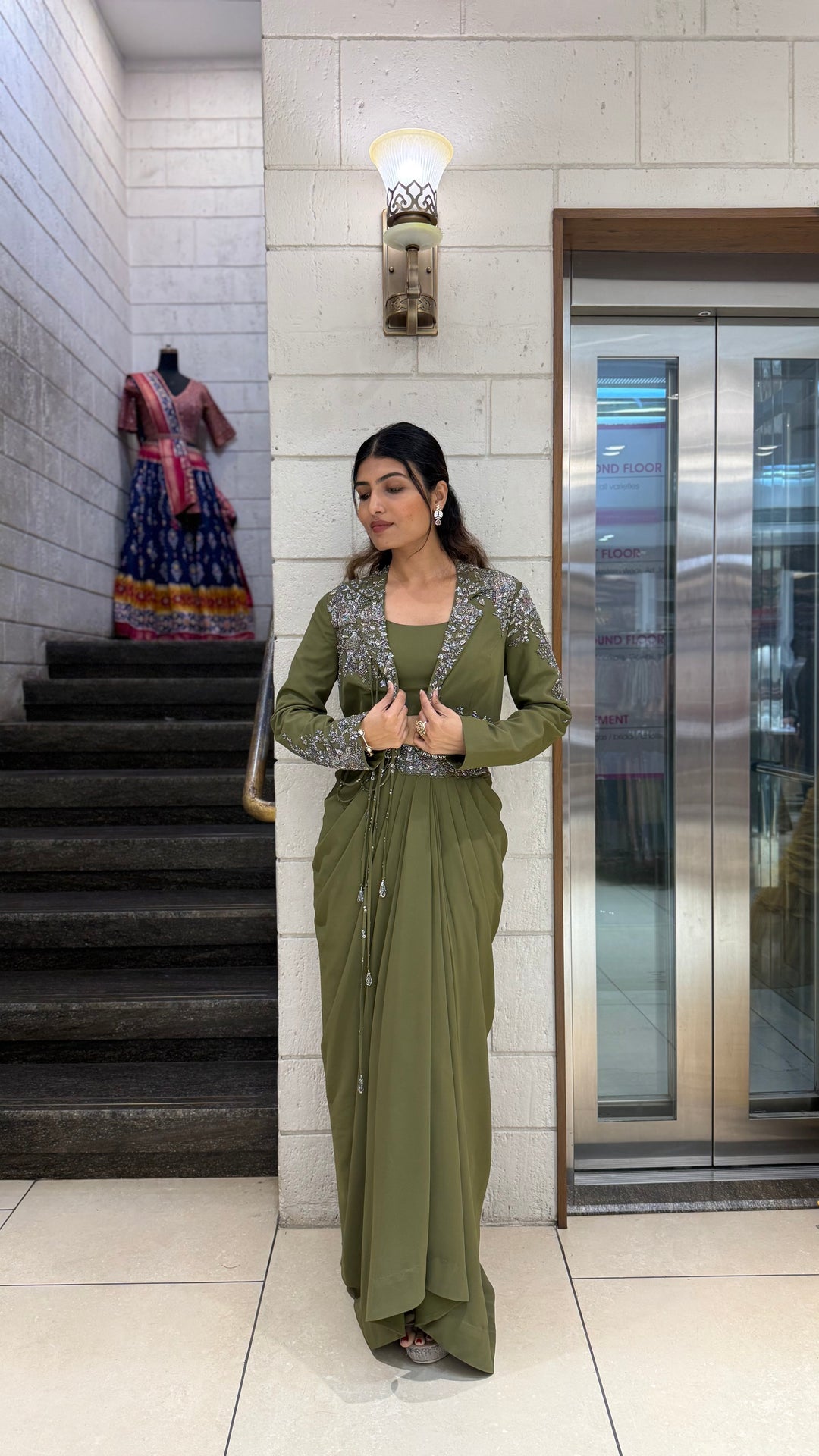 Olive Green Designer Draped Skirt Set with Embellished Jacket