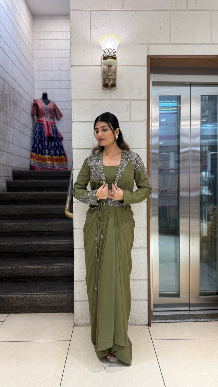 Olive Green Designer Draped Skirt Set with Embellished Jacket