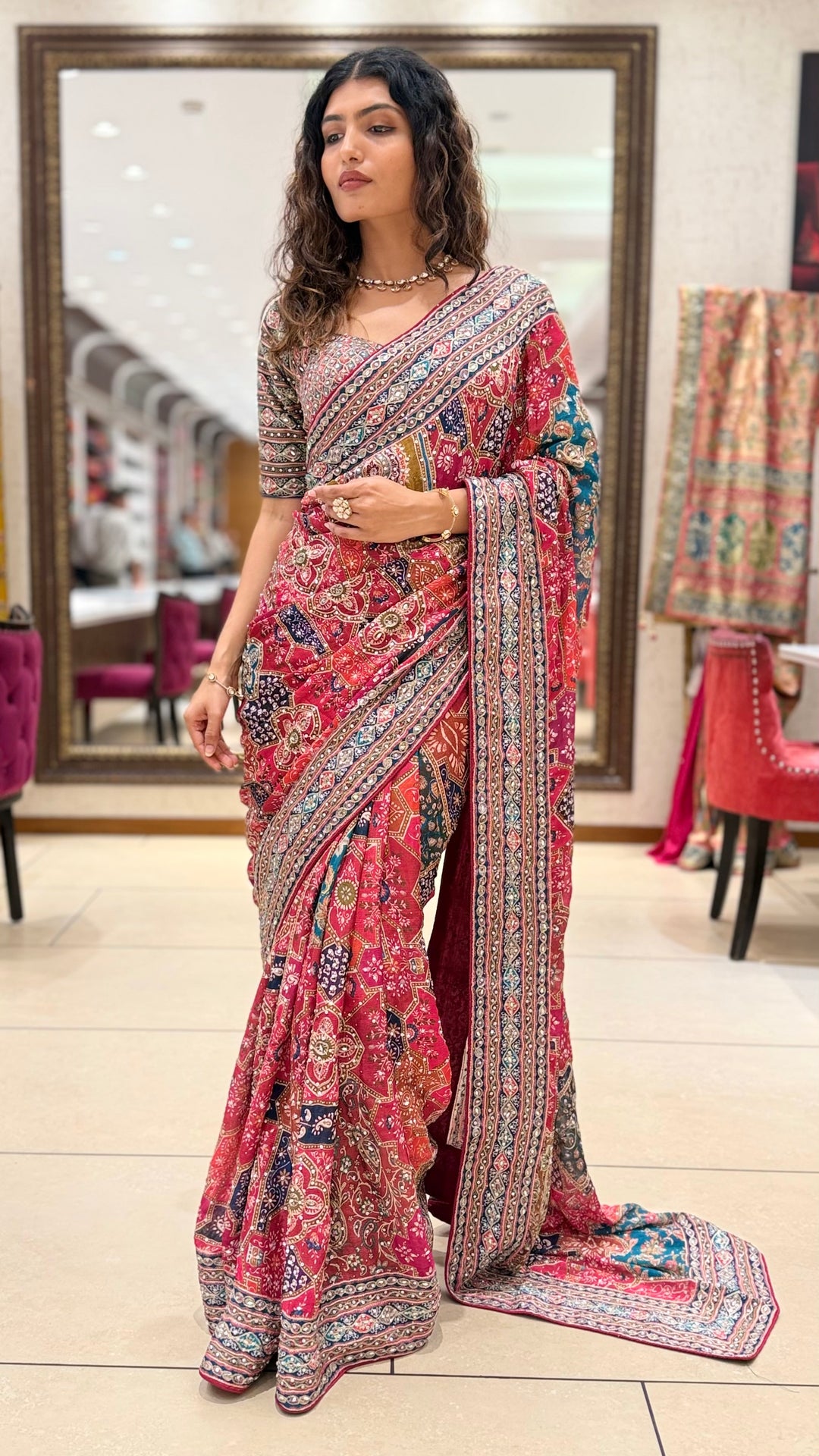 Pink Multicolor Printed Designer Saree with Matching Blouse