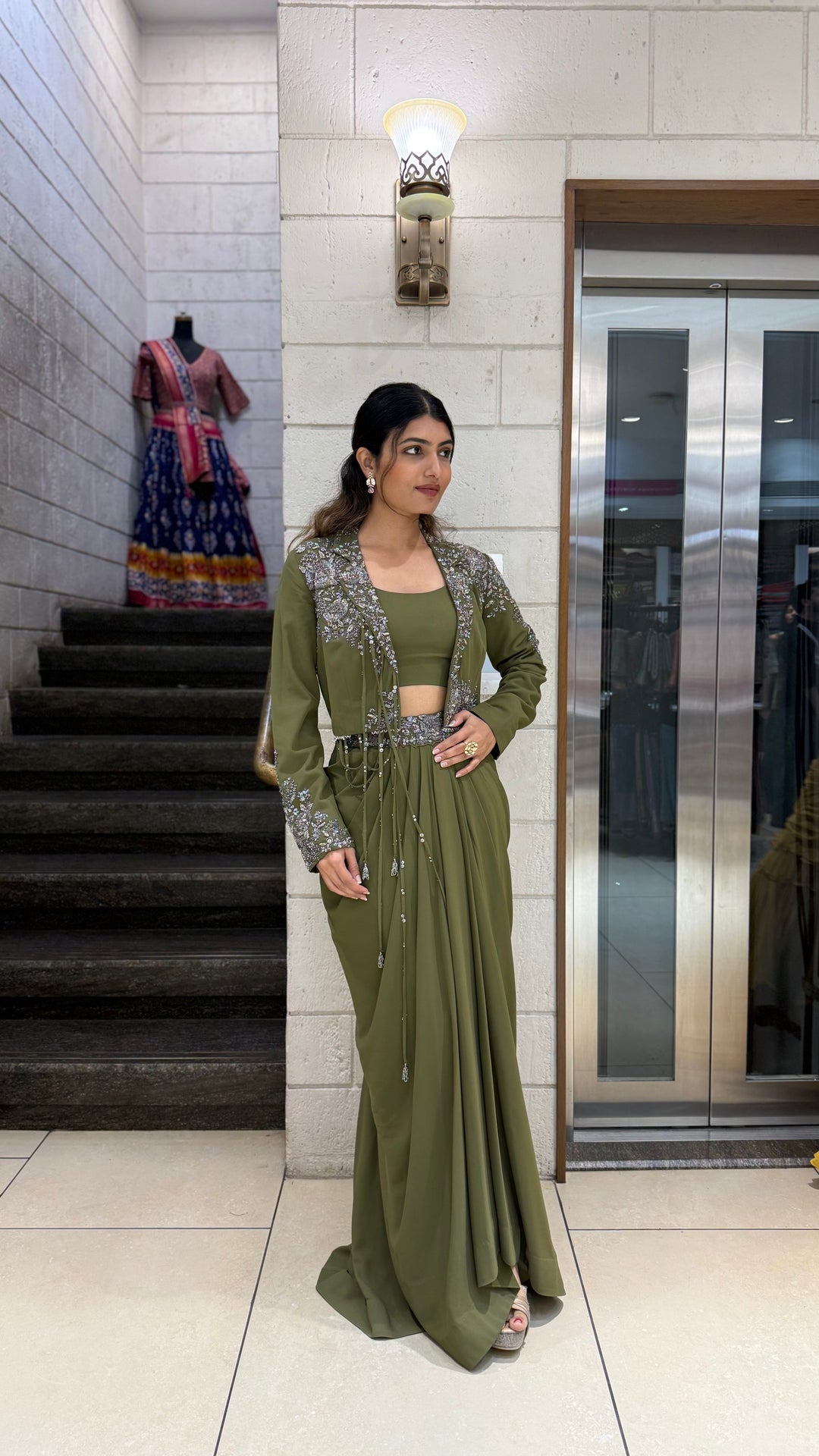 Olive Green Designer Draped Skirt Set with Embellished Jacket