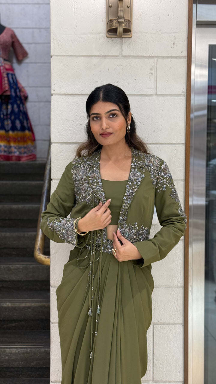 Olive Green Designer Draped Skirt Set with Embellished Jacket