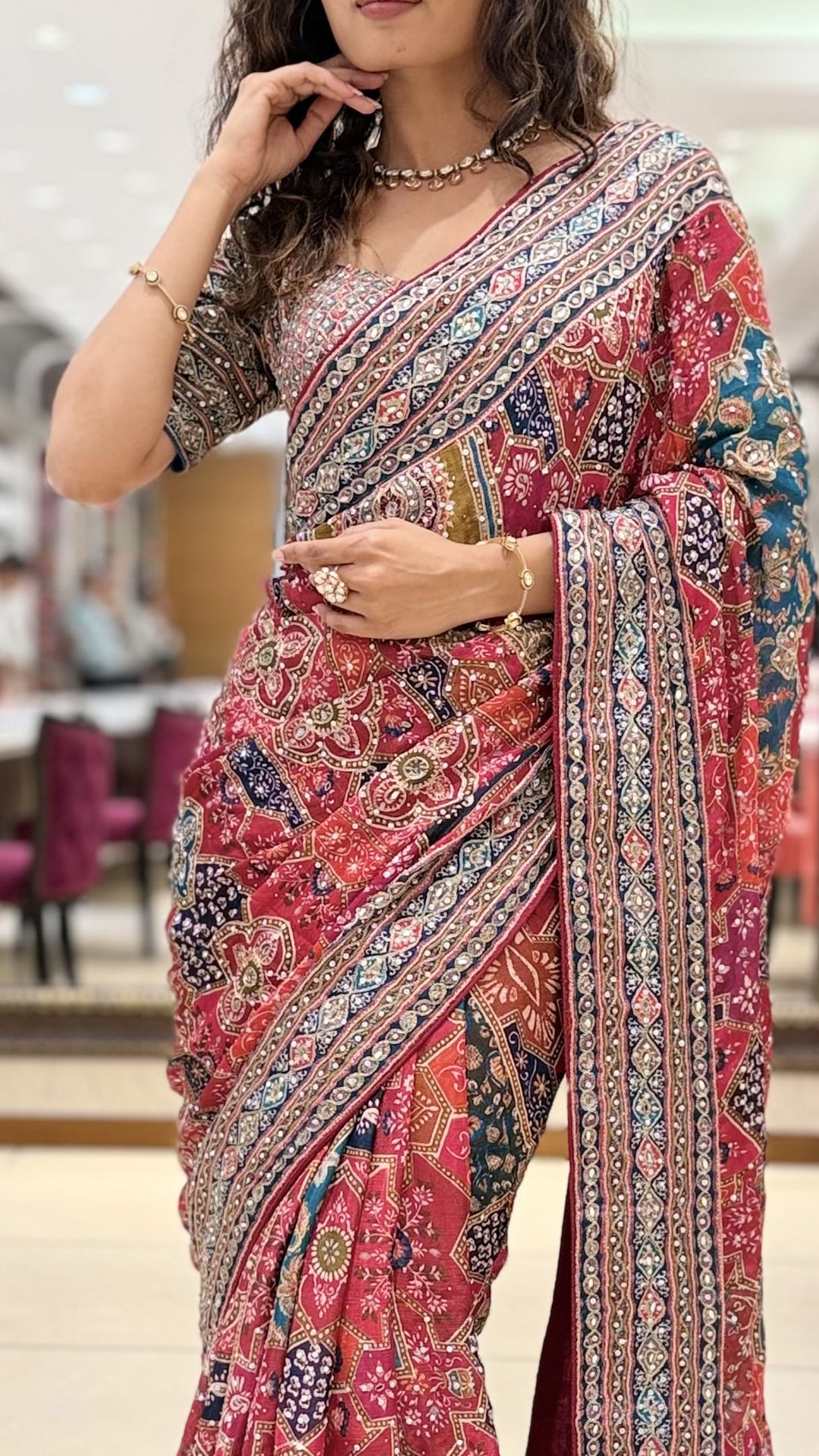 Pink Multicolor Printed Designer Saree with Matching Blouse