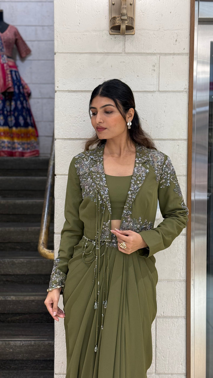 Olive Green Designer Draped Skirt Set with Embellished Jacket