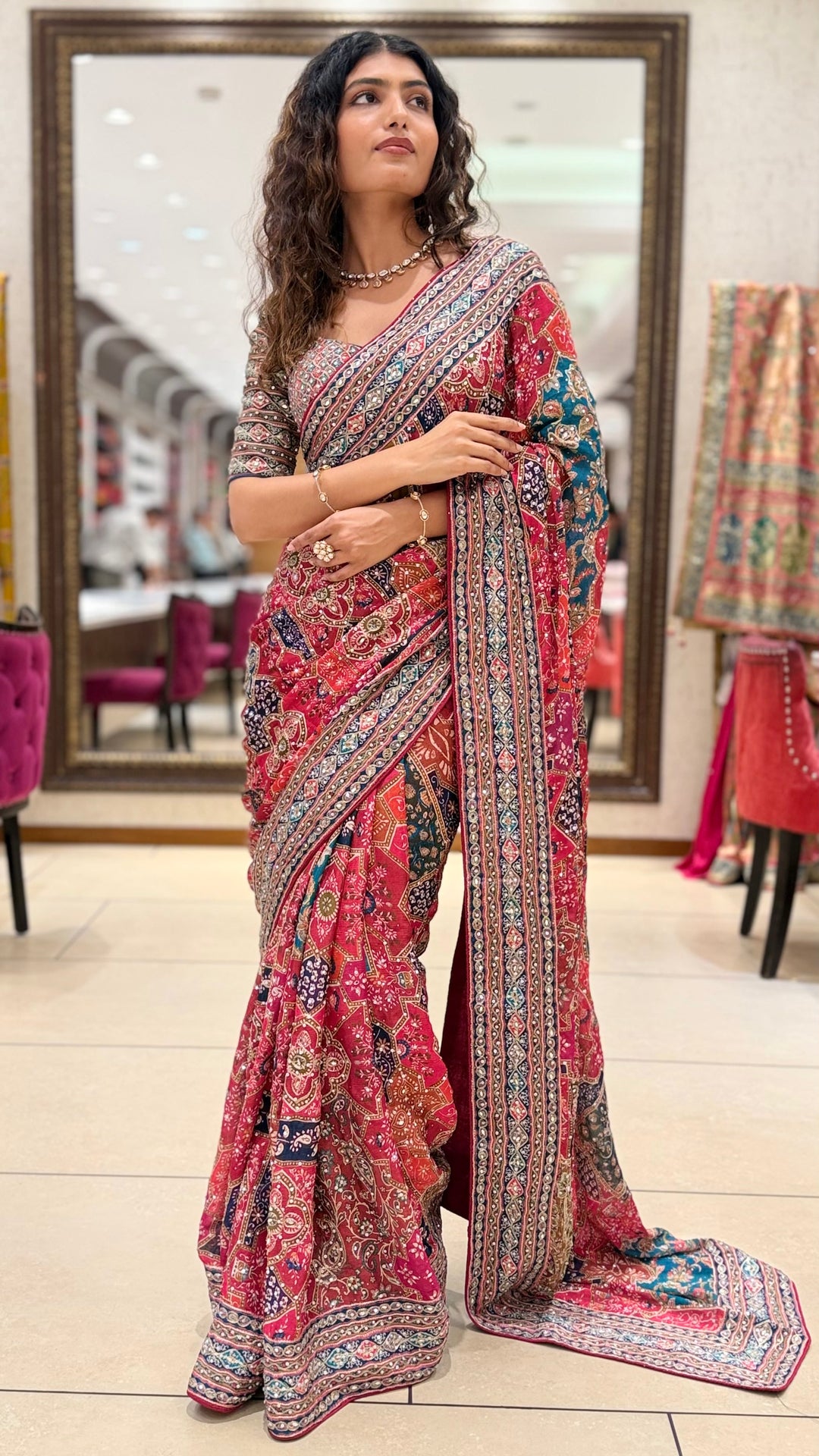 Pink Multicolor Printed Designer Saree with Matching Blouse