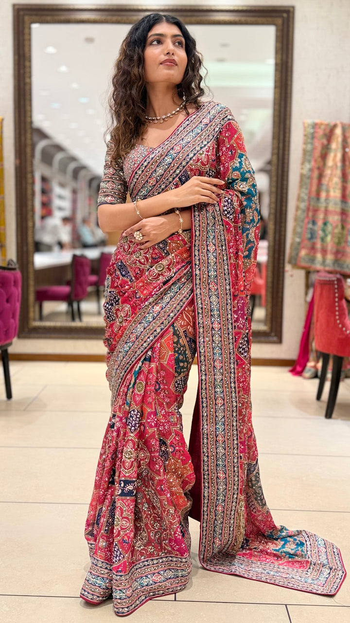 Pink Multicolor Printed Designer Saree with Matching Blouse