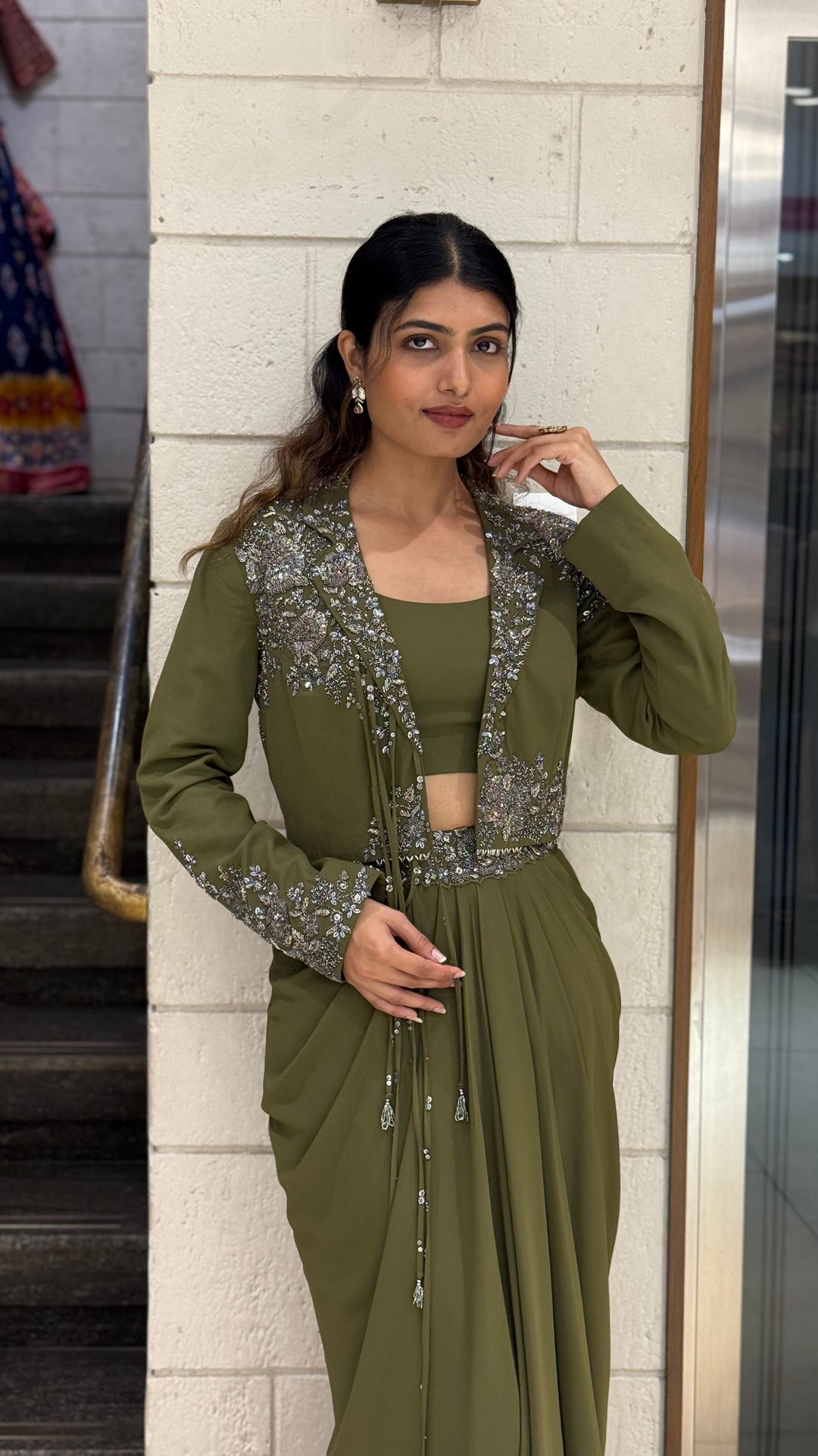Olive Green Designer Draped Skirt Set with Embellished Jacket