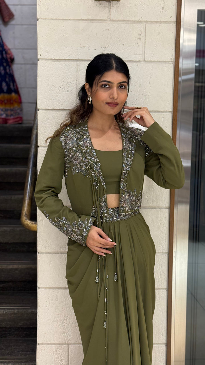 Olive Green Designer Draped Skirt Set with Embellished Jacket