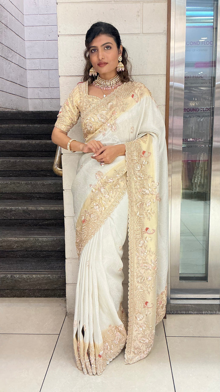 Ivory Champagne Embroidered Designer Saree with Heavy Zari & Sequin Work