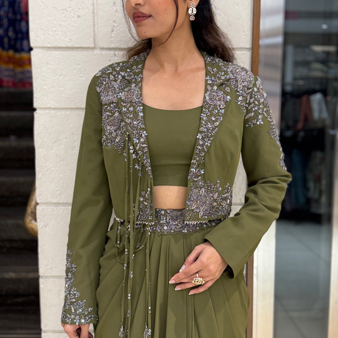 Olive Green Designer Draped Skirt Set with Embellished Jacket