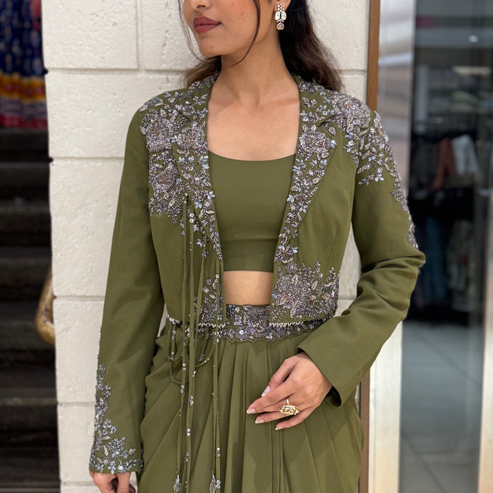 Olive Green Designer Draped Skirt Set with Embellished Jacket