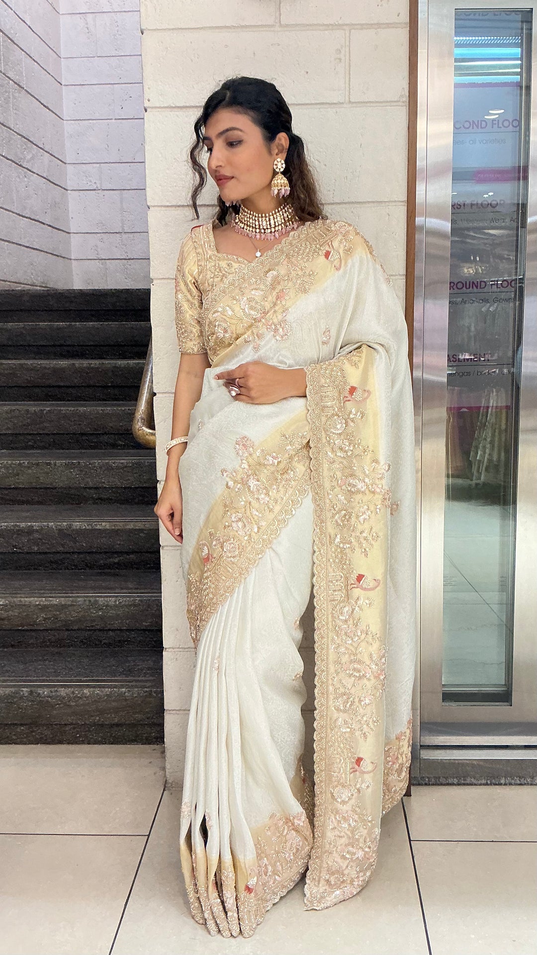 Ivory Champagne Embroidered Designer Saree with Heavy Zari & Sequin Work