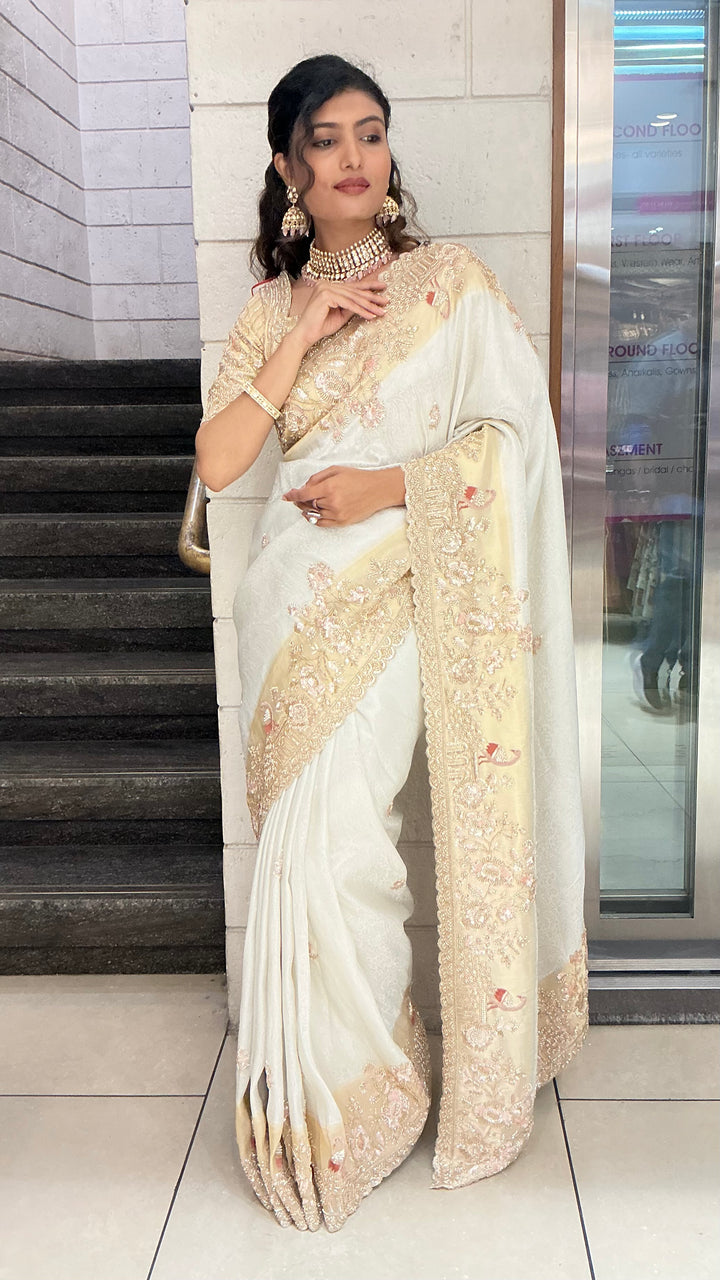 Ivory Champagne Embroidered Designer Saree with Heavy Zari & Sequin Work