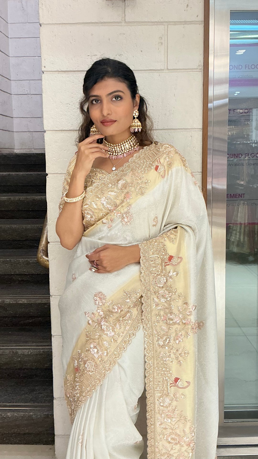 Ivory Champagne Embroidered Designer Saree with Heavy Zari & Sequin Work