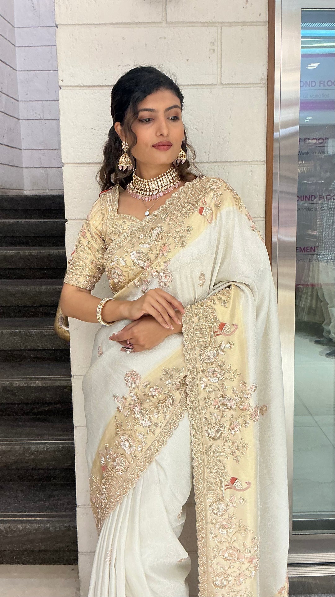 Ivory Champagne Embroidered Designer Saree with Heavy Zari & Sequin Work