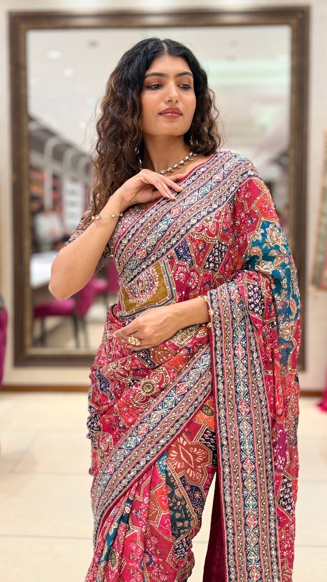 Pink Multicolor Printed Designer Saree with Matching Blouse