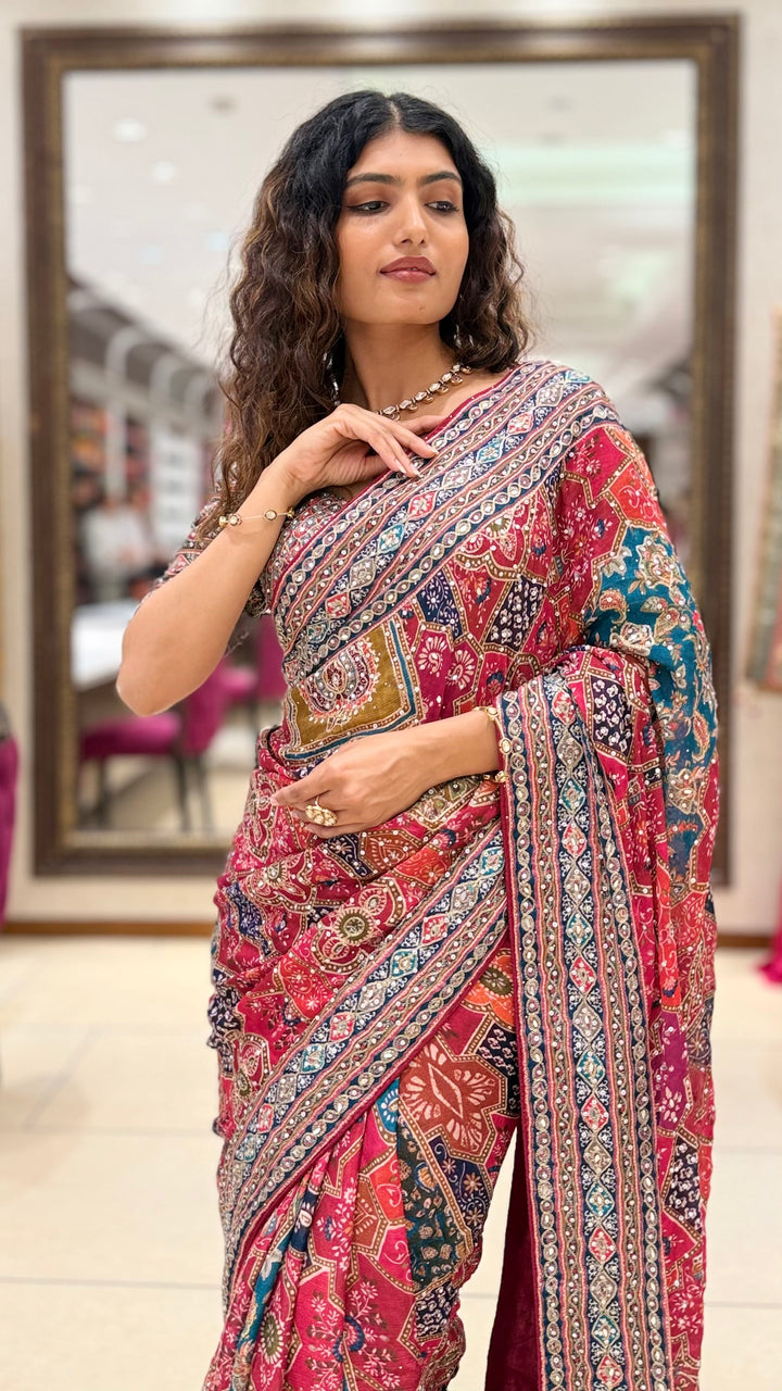 Pink Multicolor Printed Designer Saree with Matching Blouse