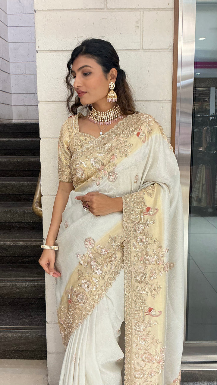 Ivory Champagne Embroidered Designer Saree with Heavy Zari & Sequin Work