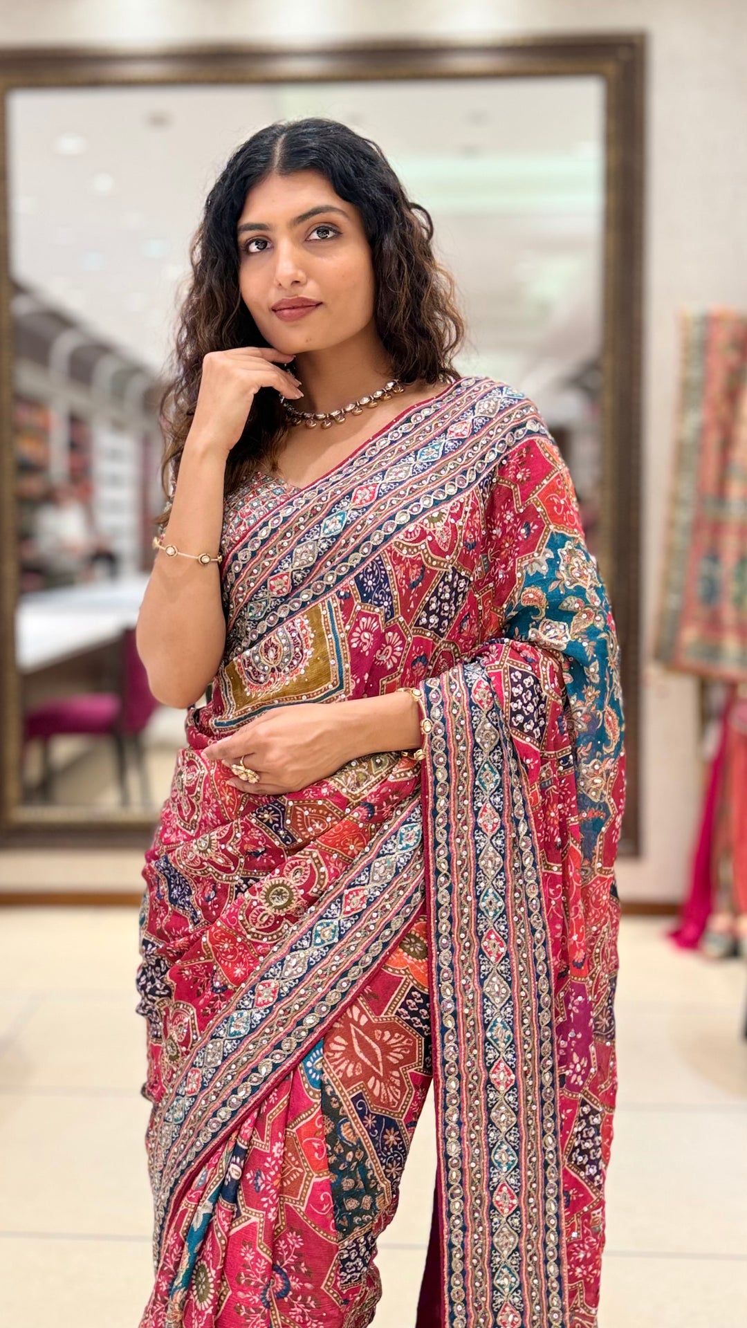 Pink Multicolor Printed Designer Saree with Matching Blouse