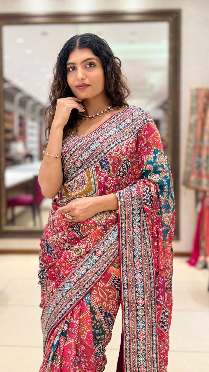 Pink Multicolor Printed Designer Saree with Matching Blouse