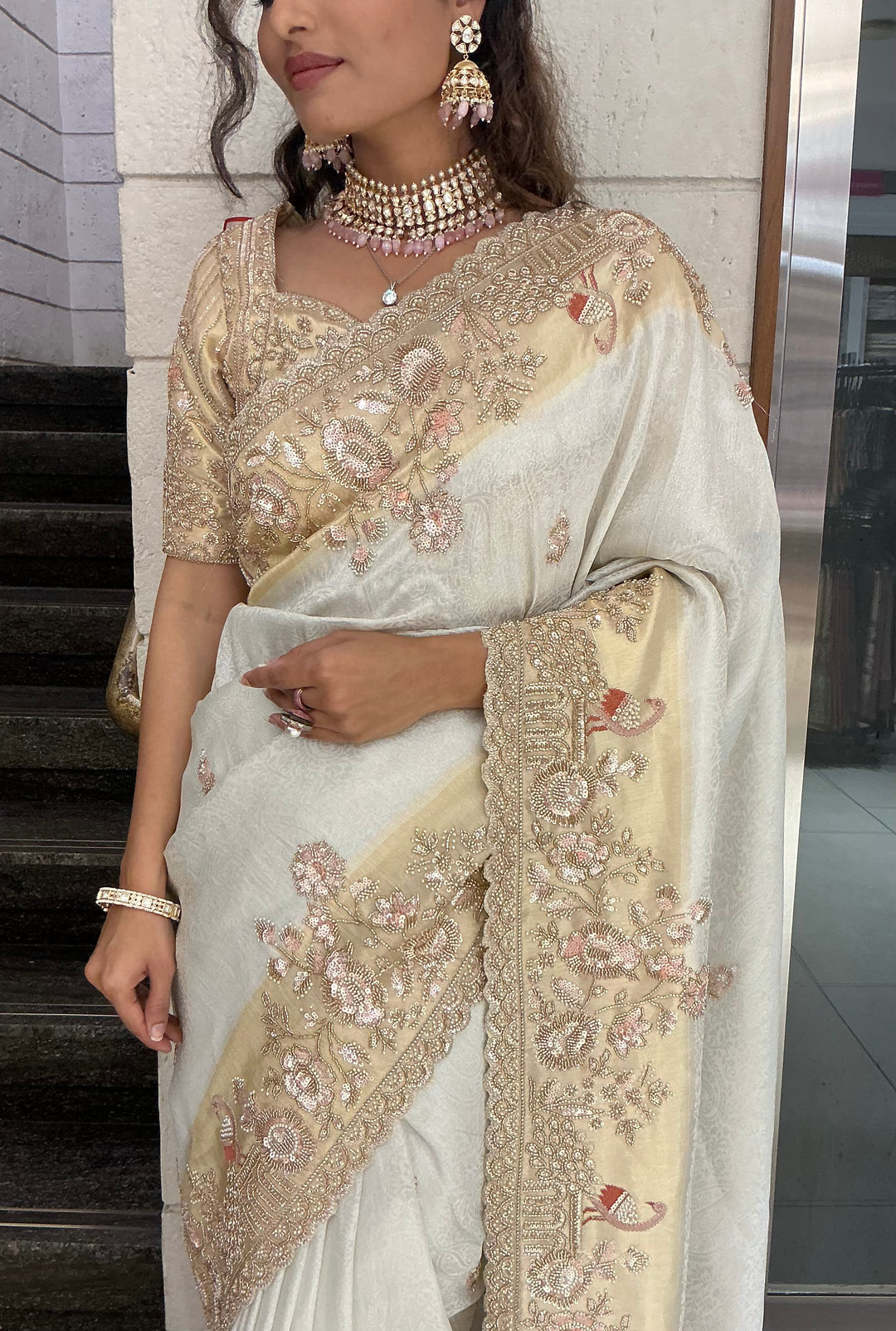 Ivory Champagne Embroidered Designer Saree with Heavy Zari & Sequin Work