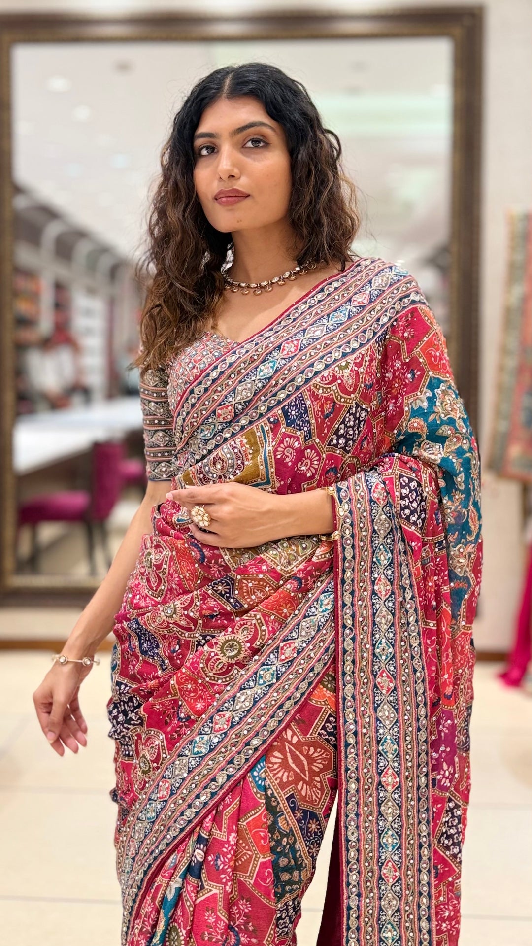 Pink Multicolor Printed Designer Saree with Matching Blouse