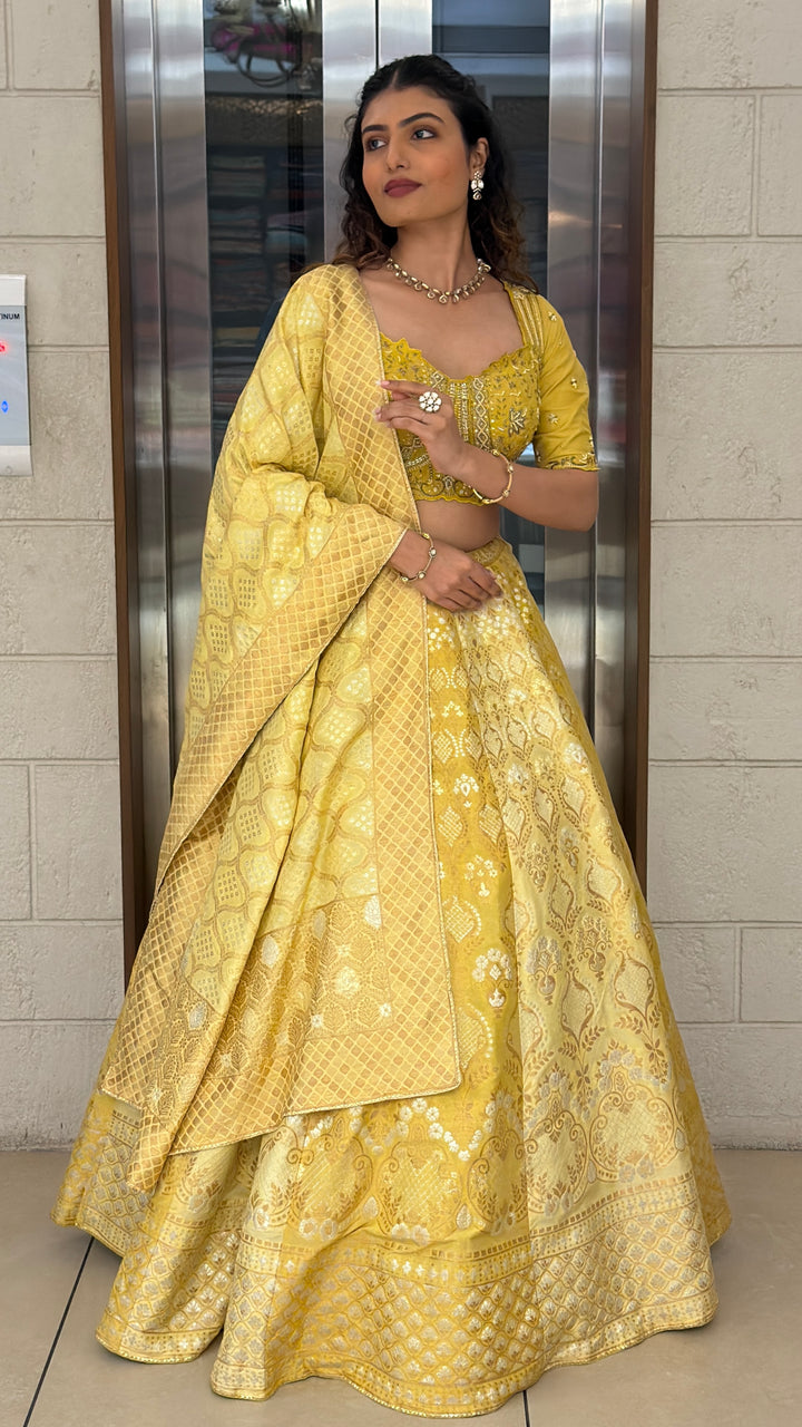 Sunshine Yellow Banarasi Lehenga Set with Embroidered Blouse & Dupatta