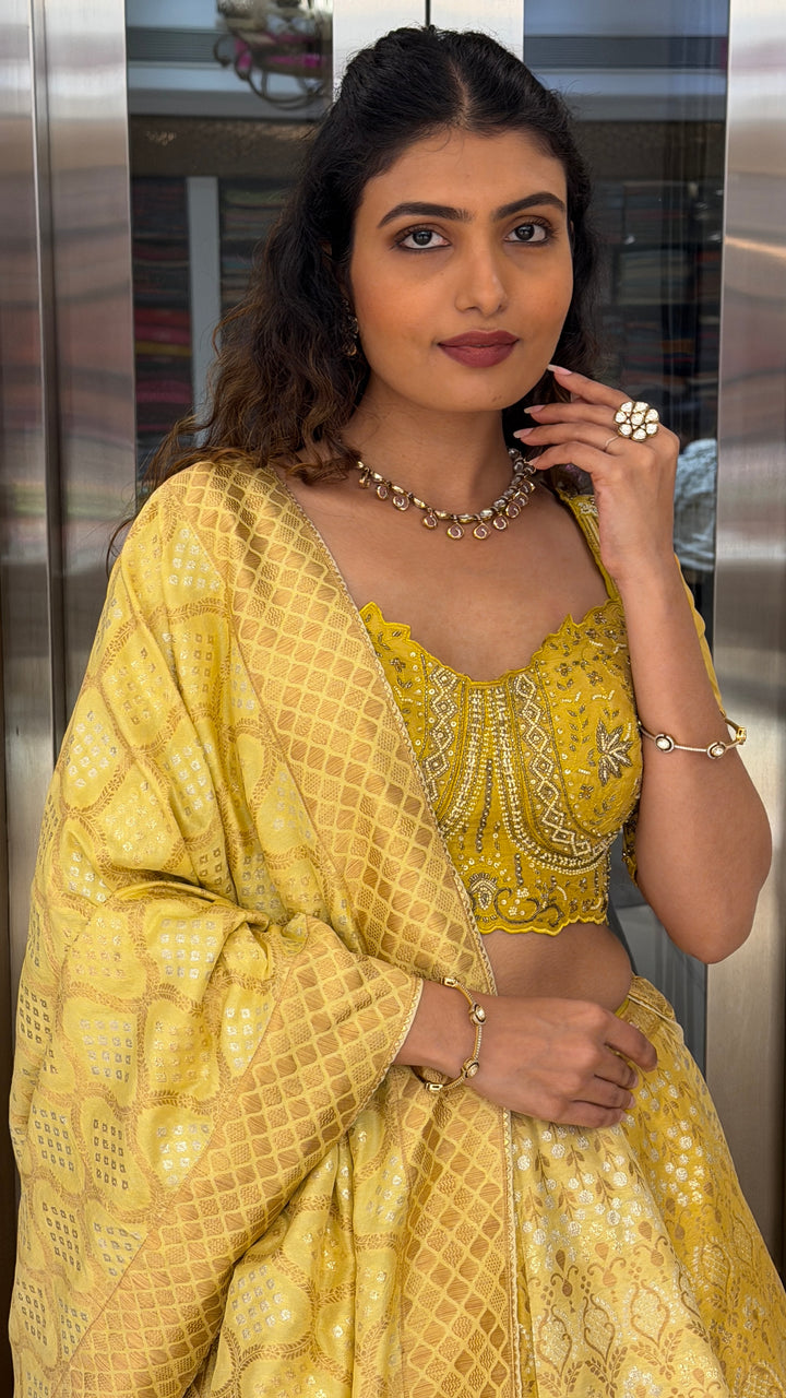 Sunshine Yellow Banarasi Lehenga Set with Embroidered Blouse & Dupatta