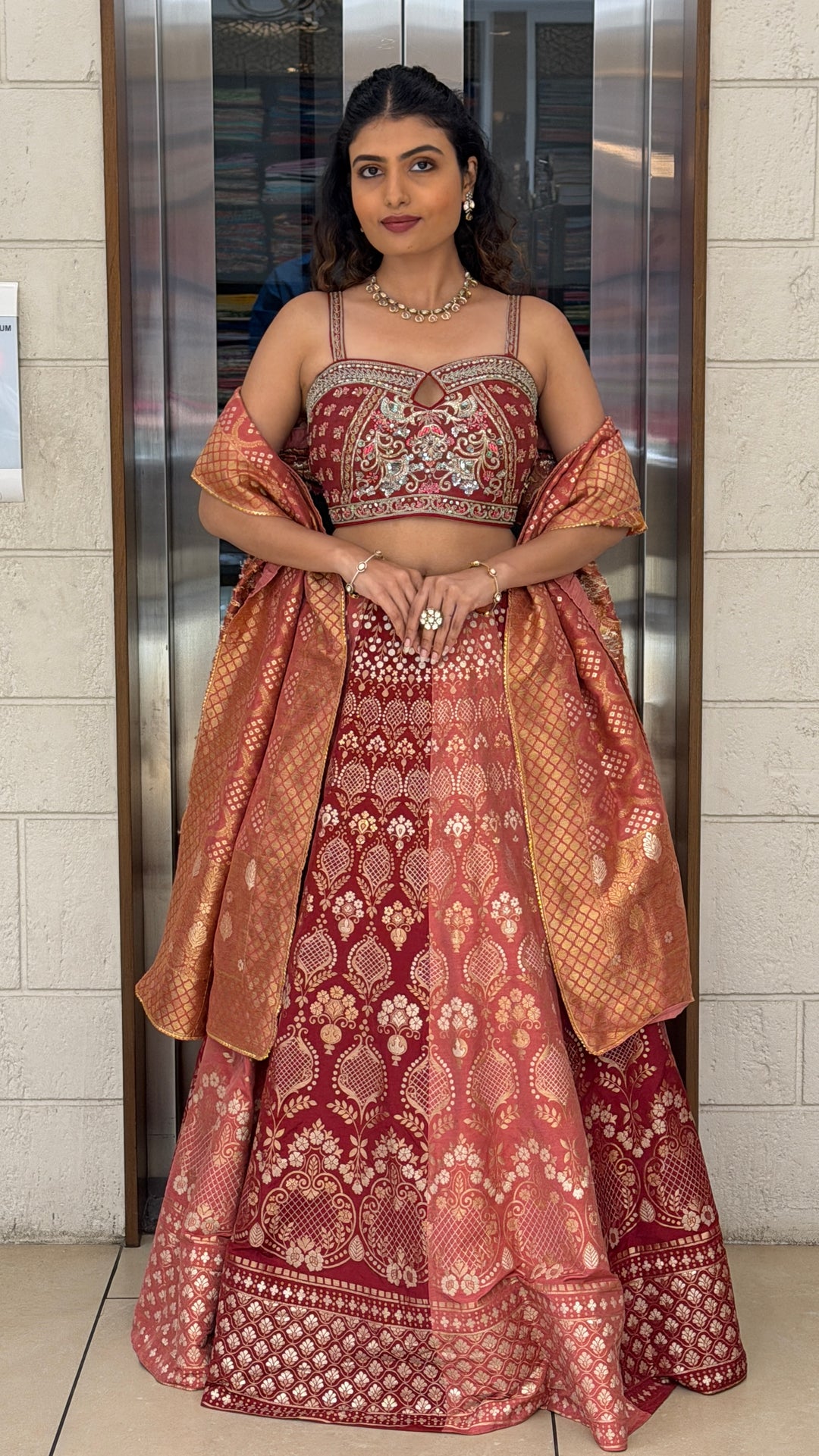 Rosewood Banarasi Lehenga Set with Embroidered Blouse & Woven Dupatta