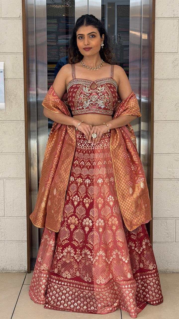 Rosewood Banarasi Lehenga Set with Embroidered Blouse & Woven Dupatta