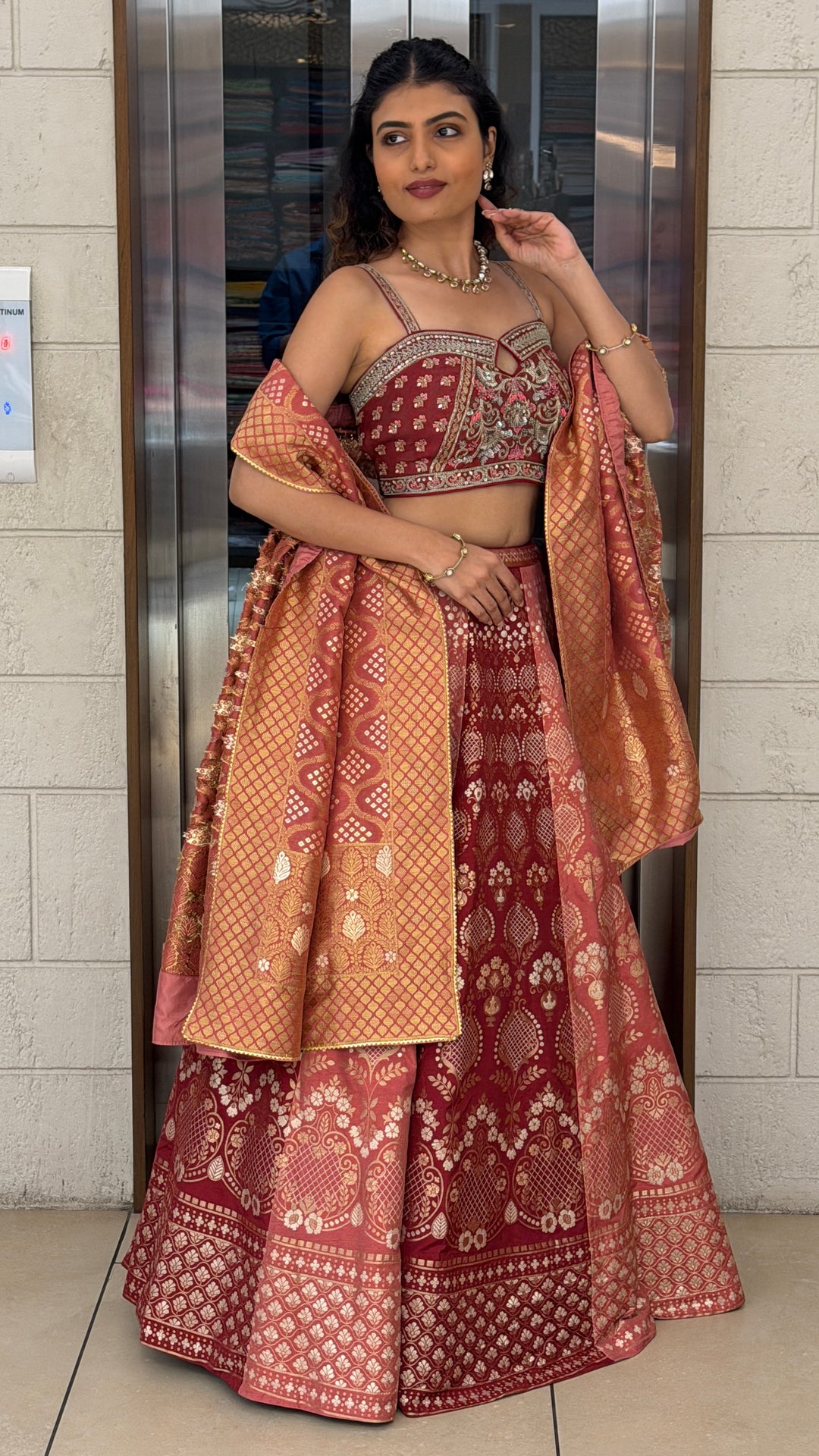 Rosewood Banarasi Lehenga Set with Embroidered Blouse & Woven Dupatta