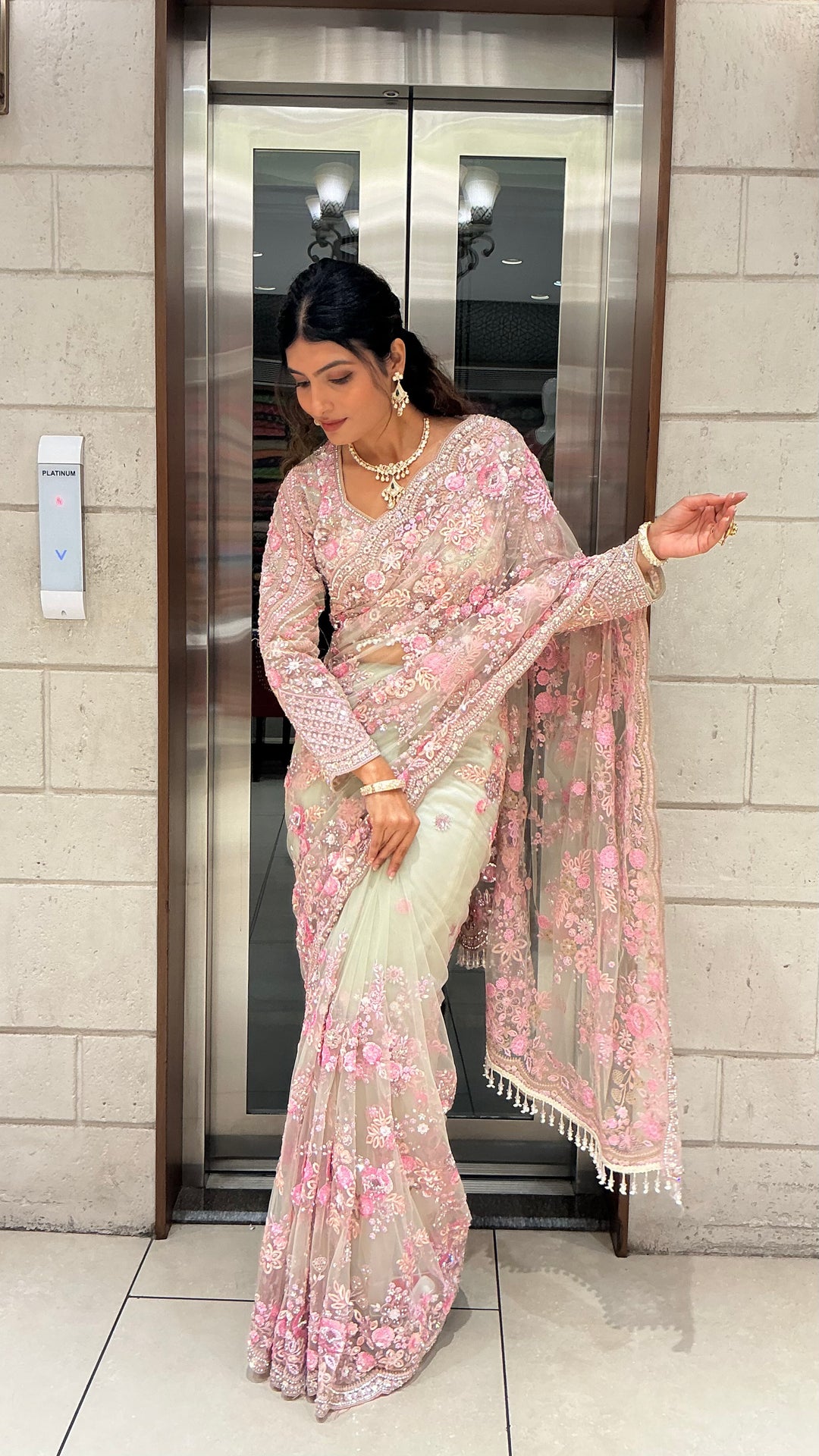 Ivory & Blush Pink Heavy Floral Embroidered Designer Saree with Sequin Work