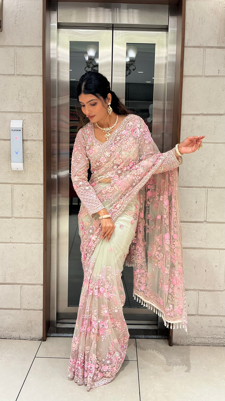 Ivory & Blush Pink Heavy Floral Embroidered Designer Saree with Sequin Work