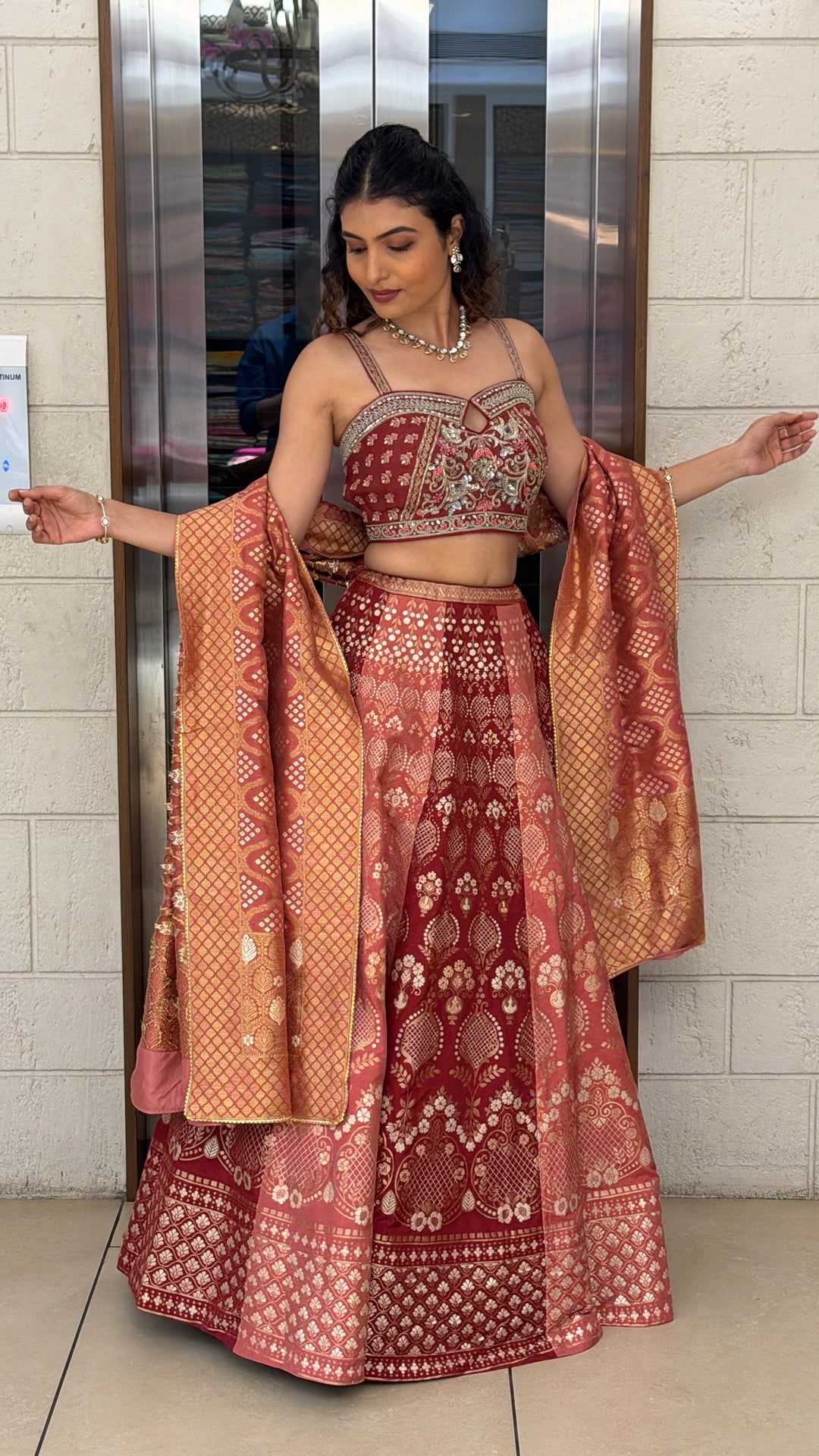 Rosewood Banarasi Lehenga Set with Embroidered Blouse & Woven Dupatta