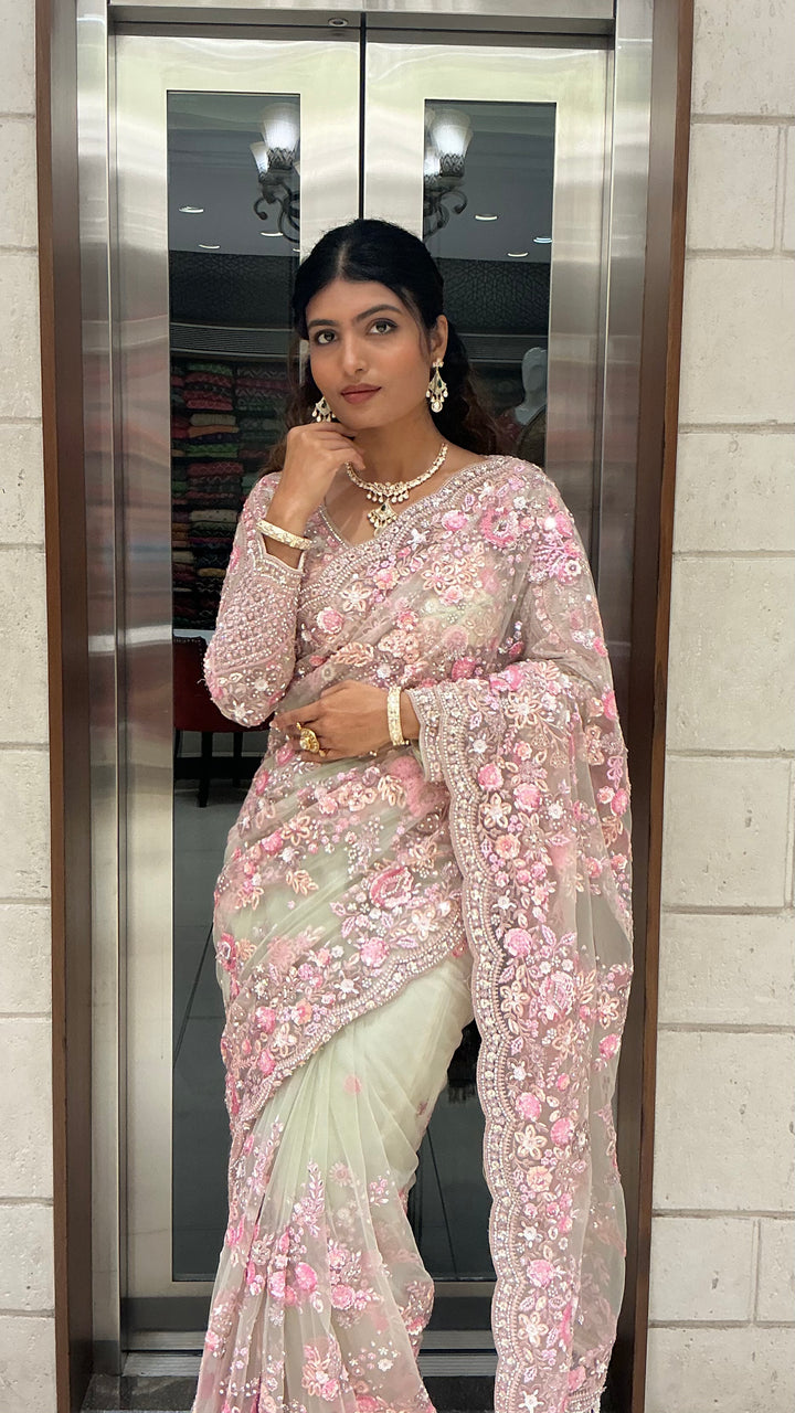Ivory & Blush Pink Heavy Floral Embroidered Designer Saree with Sequin Work