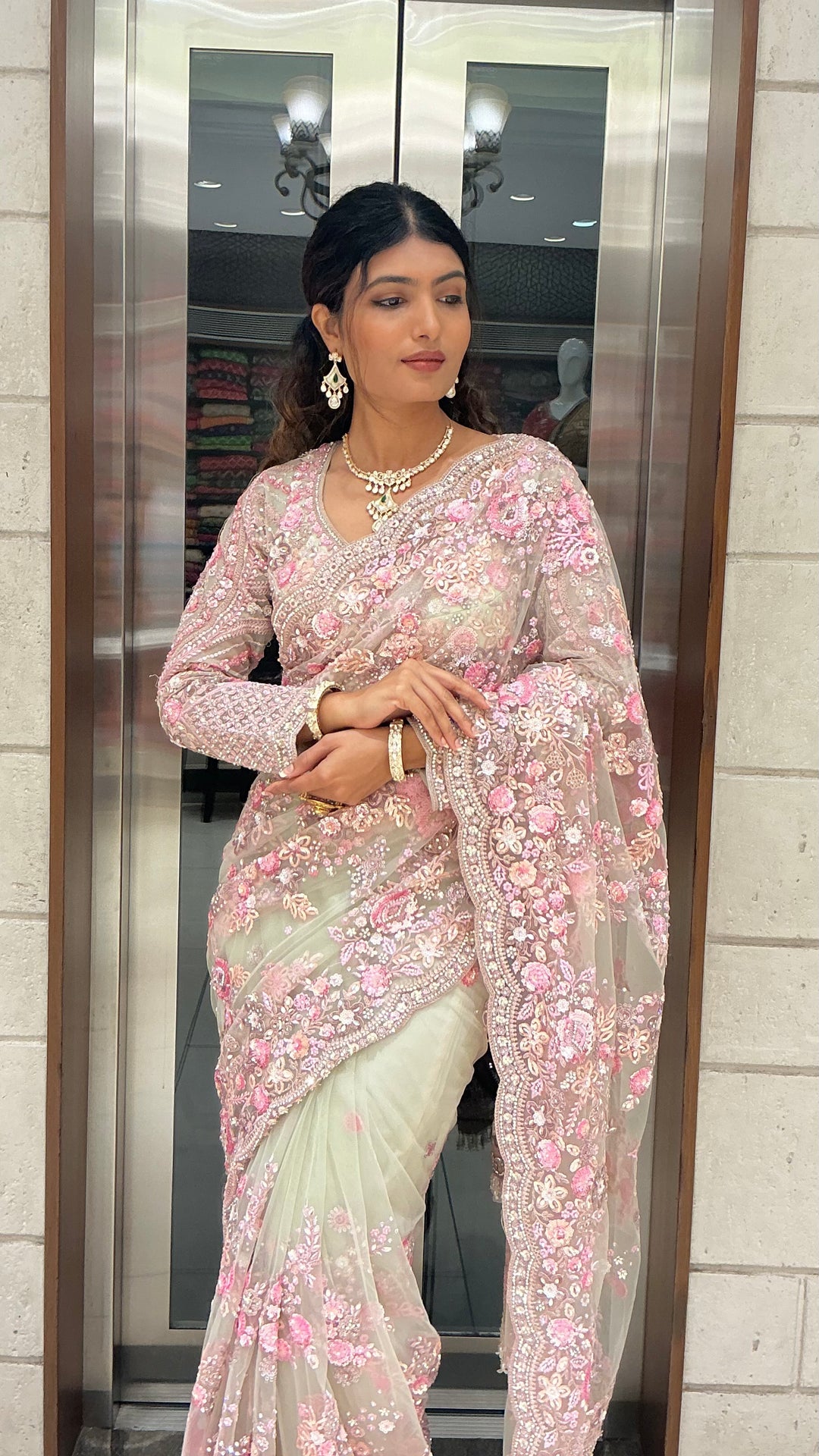 Ivory & Blush Pink Heavy Floral Embroidered Designer Saree with Sequin Work