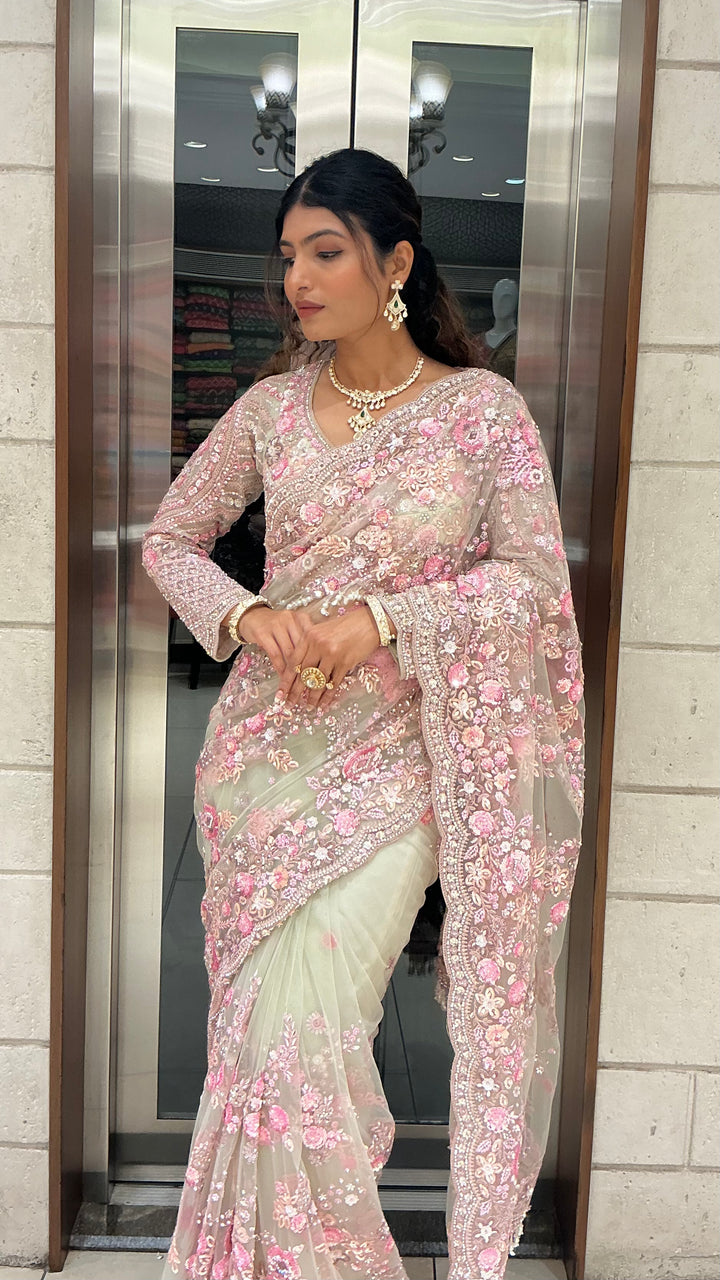 Ivory & Blush Pink Heavy Floral Embroidered Designer Saree with Sequin Work