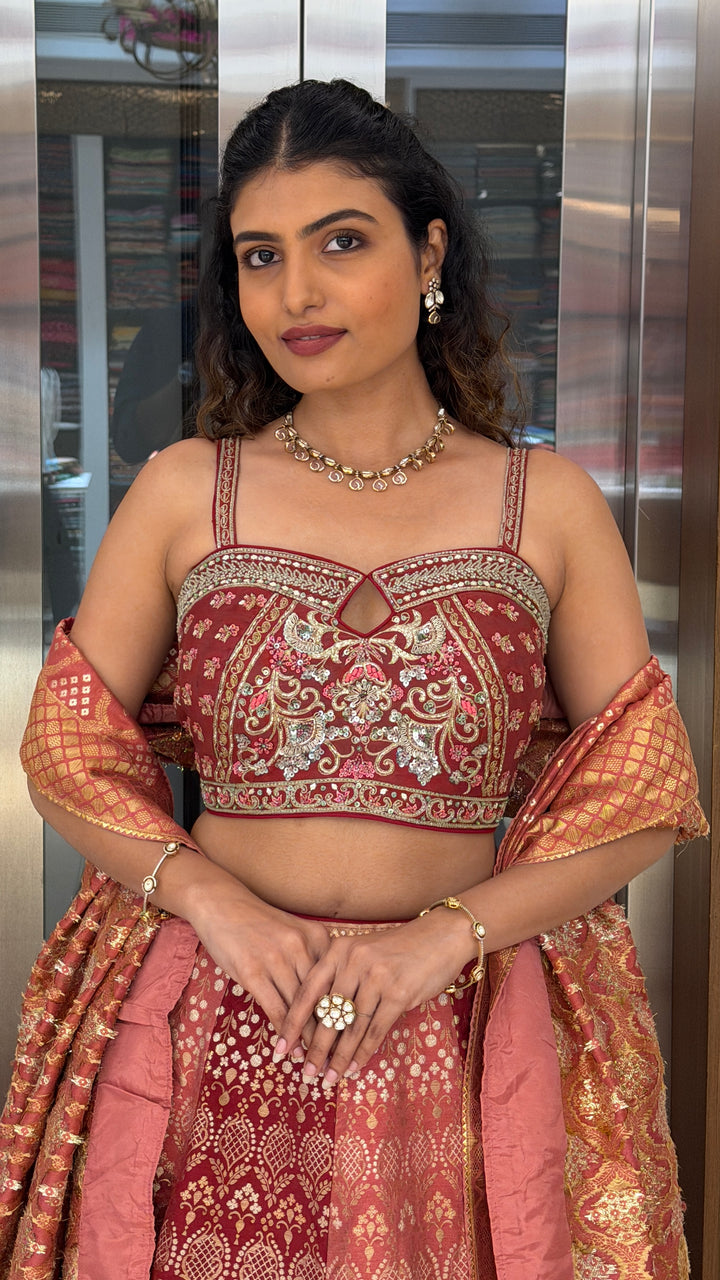Rosewood Banarasi Lehenga Set with Embroidered Blouse & Woven Dupatta