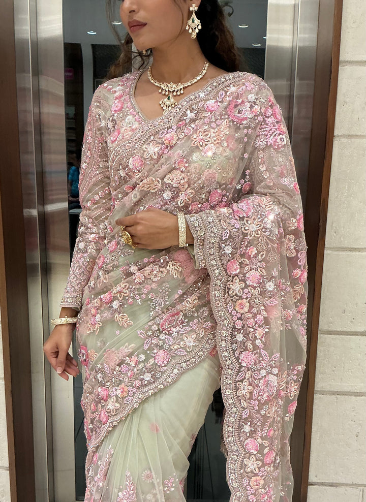 Ivory & Blush Pink Heavy Floral Embroidered Designer Saree with Sequin Work