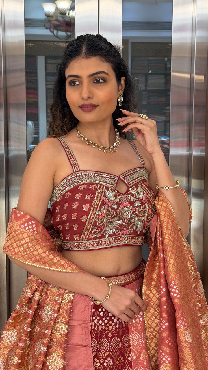 Rosewood Banarasi Lehenga Set with Embroidered Blouse & Woven Dupatta