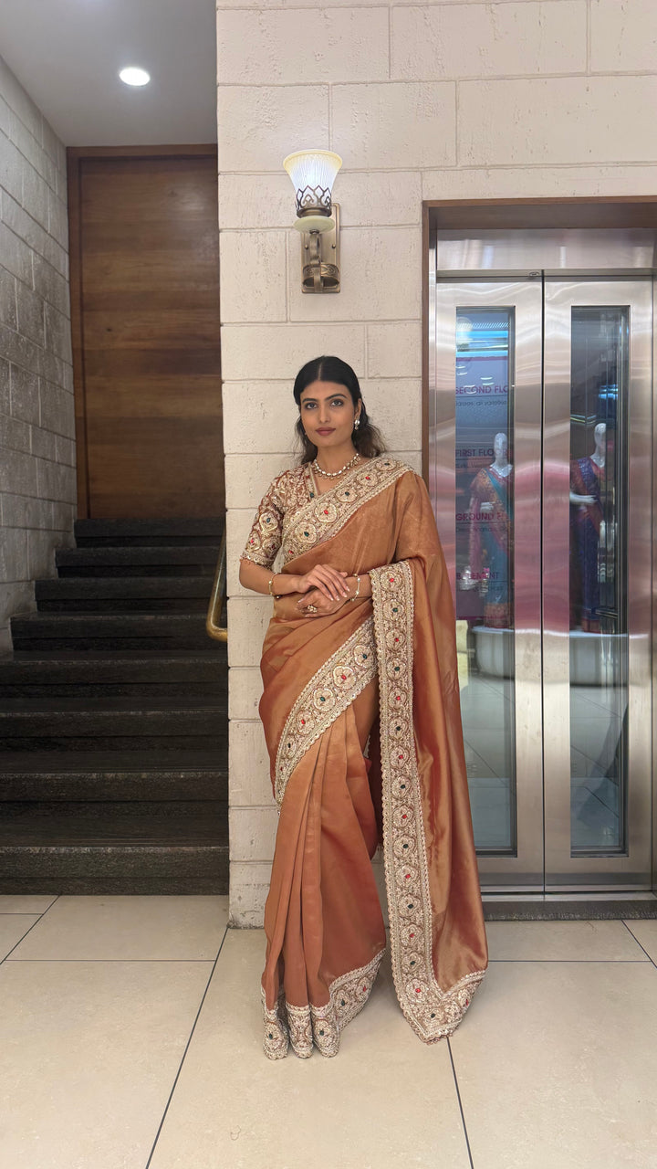 Premium Copper Silk Saree with Antique Hand Embroidered Border