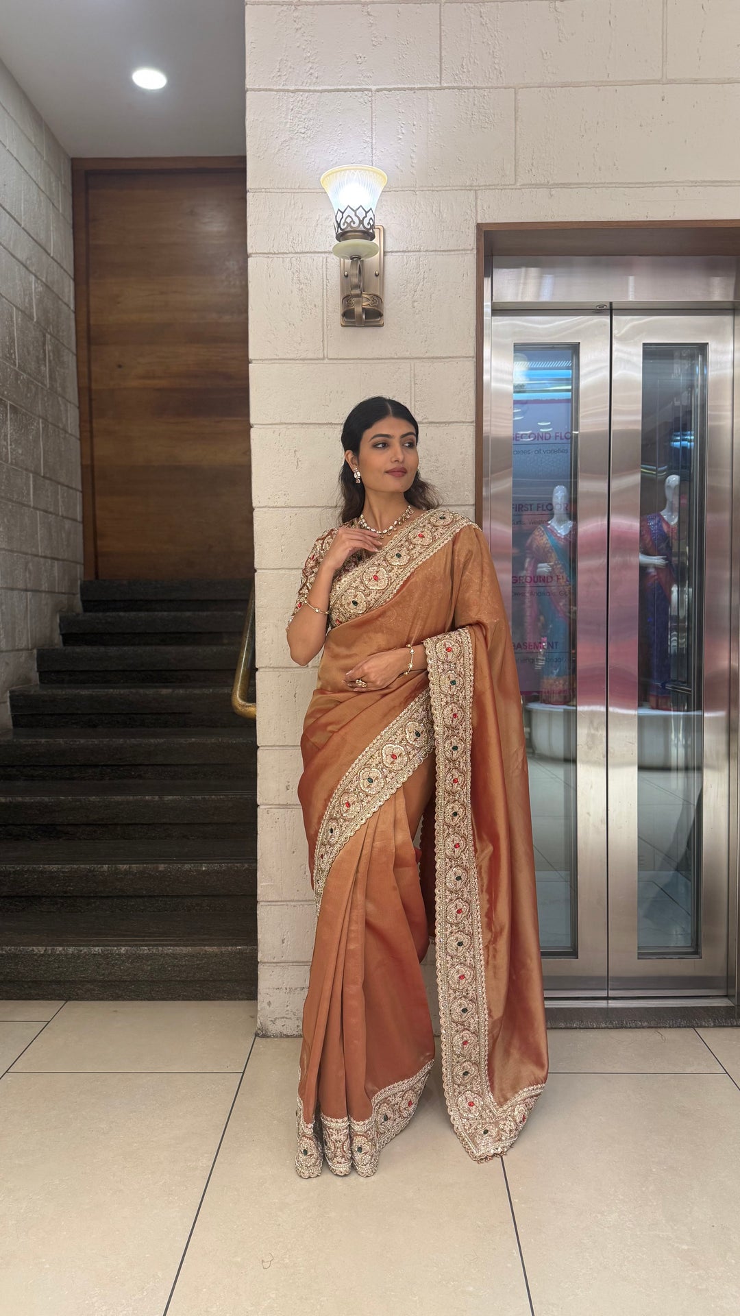 Premium Copper Silk Saree with Antique Hand Embroidered Border