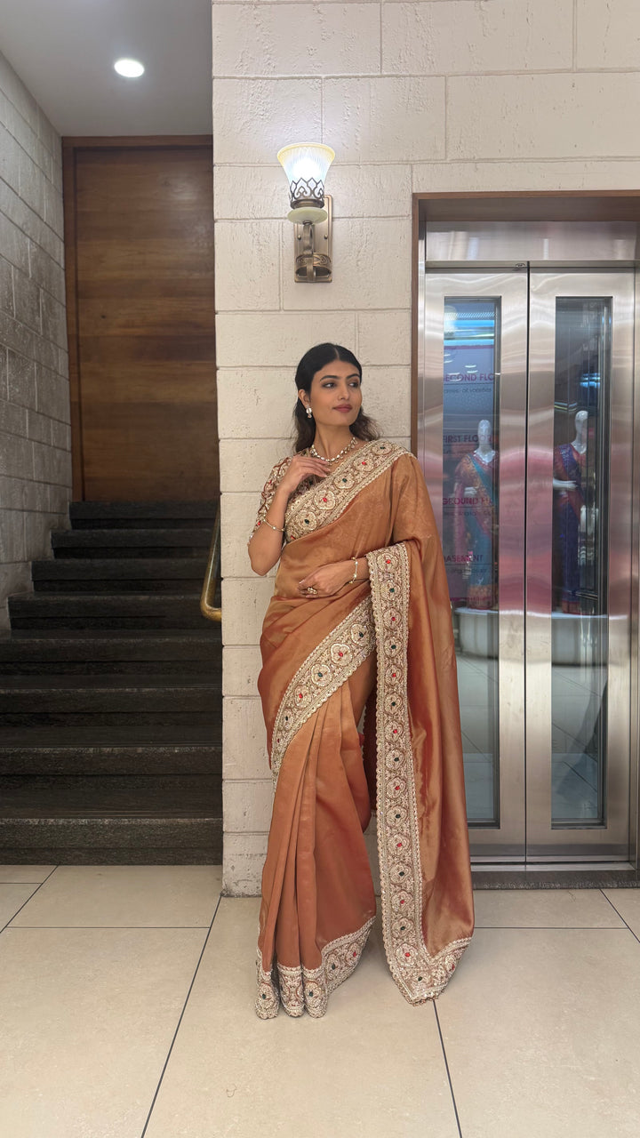 Premium Copper Silk Saree with Antique Hand Embroidered Border