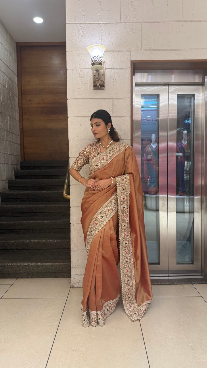 Premium Copper Silk Saree with Antique Hand Embroidered Border