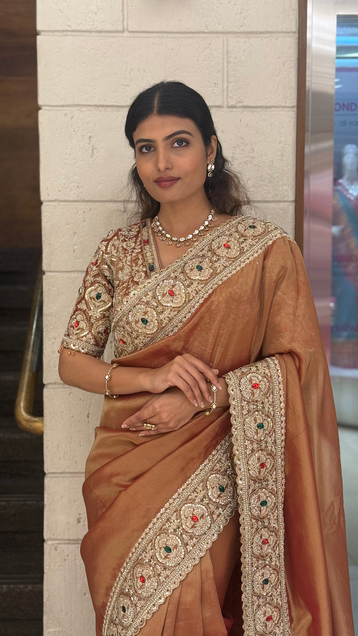 Premium Copper Silk Saree with Antique Hand Embroidered Border