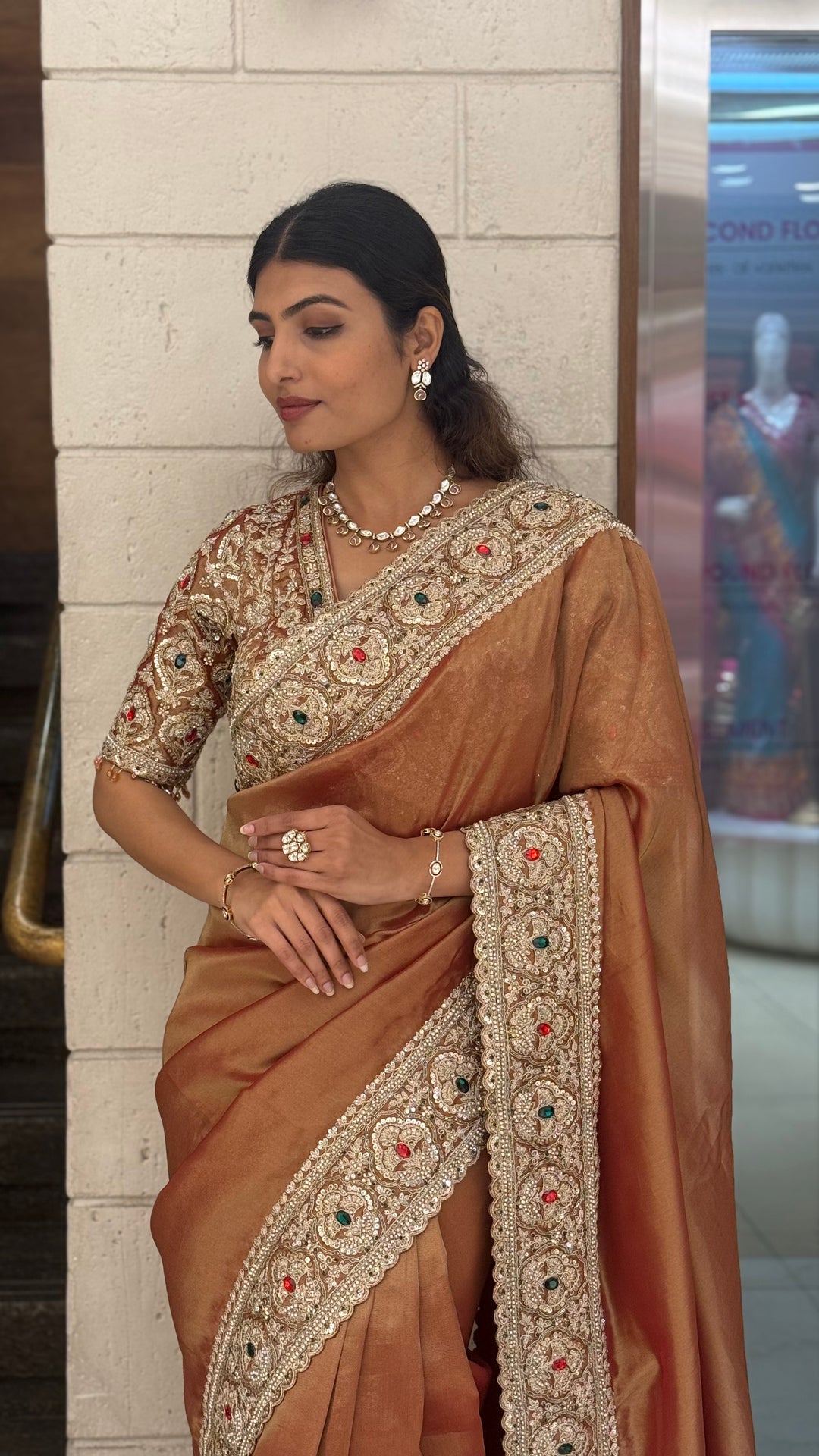 Premium Copper Silk Saree with Antique Hand Embroidered Border